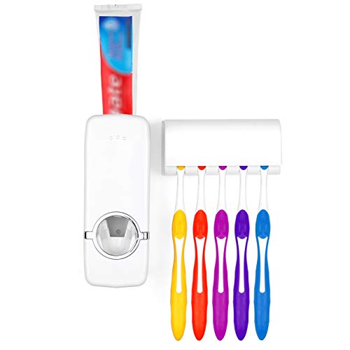 ALLOMN Dispensador automático de pasta de dente com suporte de escova de dentes montado na parede, c