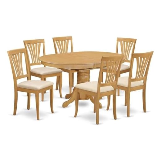 East-West Furniture AVON7-OAK-C mid century dining table set- 6 Excellent chairs for dining room - A Wonderful round dining table- Linen Fabric seat and Oak Finnish Butterfly Leaf round dining table