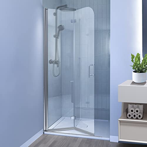 Grogro Frameless Bifold Glass Shower Door,34" W X 72" H Pivot Folding Shower Door,1/4 In Thick Clear Tempered Glass Shower Panel,Chrome Finish Shower Doors,Reversible Installation #TOP1