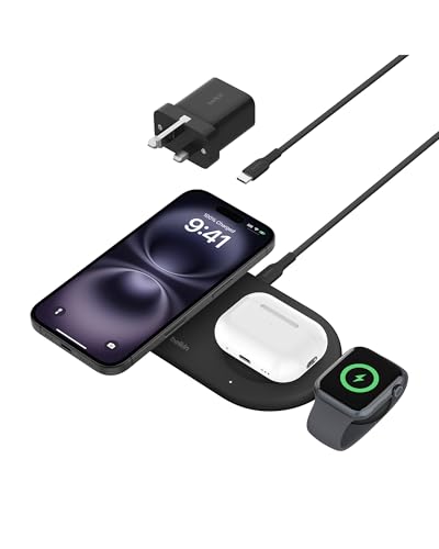 Belkin BoostCharge Pro 3-in-1 Wireless Charging Pad with Magnetic Qi2 15W, Fast Charging iPhone Wireless Charger Compatible with iPhone 16 Series, AirPods, Apple Watch & More - Black