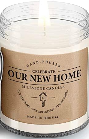 Milestone Candles Our New Home Clear Jar Soy Blend Candle 7.5 oz Glass, Made in The USA, 100% Cotton Wick, Reusable Keepsake, Beautiful Metal Lids (no Plastic), Aromatherapy, Gift Candle