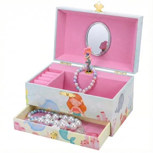 The Memory Building Co Mermaid Musical Jewelry Box Plays Classic Melody, Storage Organizer Music Box for Kids Ages 6-12, MDF Wood w/ 2 Fabric Lined Ring Bracelet Necklace Treasure Compartments