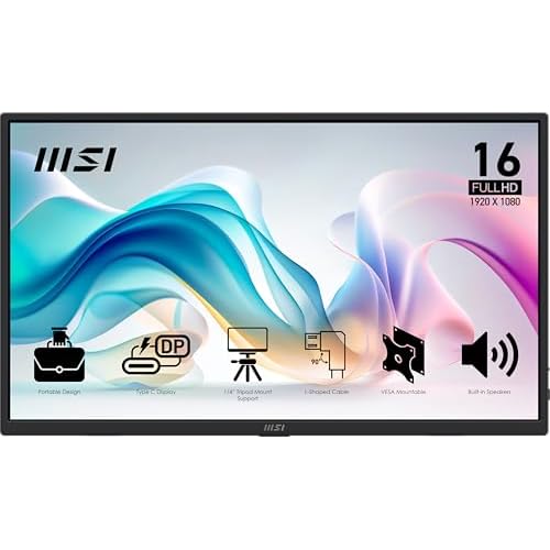 msi Pro MP165 E6 Ultra Slim & Light Portable Monitor,15.6" FHD IPS 1080p, USB Type-C, HDMI, Built-in Speakers, Tripod Mount Support, Perfect for PC, Mac, PS5, PS4, Xbox, Mobile, Metal Gray