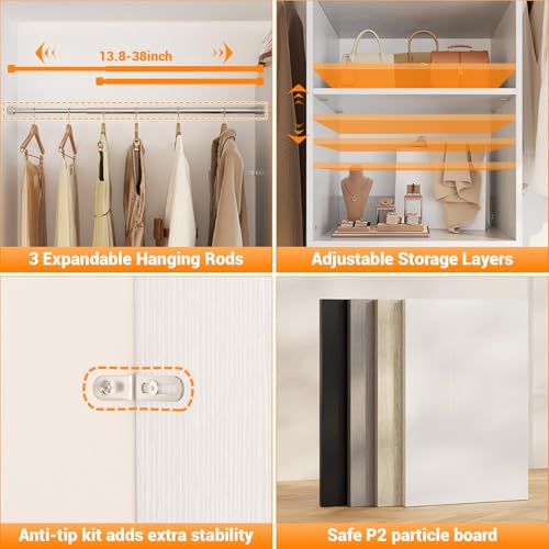 Homieasy 96 Inches Closet Organizer System, 8FT Customizable Walk In Closet Organizer with Hanging Rods, 3 Drawers Garment Rack with Leather Handle , 96" L x 16" W x 75" H, Max Load 1000 LBS, White - Image 6