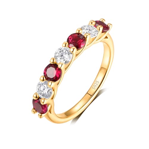 7 Stone Gold Moissanite Ruby Bands Rings for Women Sterling Silver Bling Diamond Red Eternity Wedding Ring Size 8