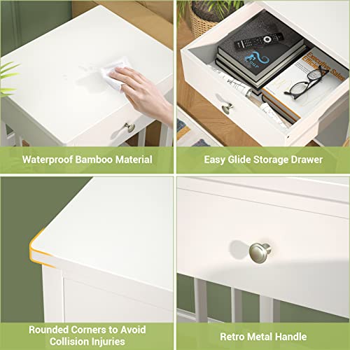 Homykic White Nightstands Set Of 2, Bamboo Bedside Table Night Stand With Drawer And Shelf, Accent End Table Side Table For Bedroom, Living Room, Solid Wood Legs, Space Saving, Easy To Assemble #TOP4