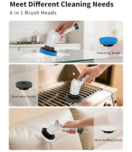 Image of Electric Spin Scrubber, Cordless Household Cleaning Brush with 6 Replaceable Heads, 3 Speeds, LED Display, Lightweight Handheld Power Scrubber for Cleaning Stove /Bowl /Sink /Corner /Tile /Grout-White