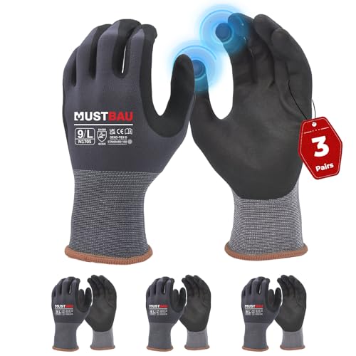Mustbau 3 Pares de Guantes de Trabajo con Pantalla Táctil, Guantes de Nitrilo Resistentes a la Abrasión, Excelente Agarre Adecuados para Jardinería, Mecánica, Construcción (Gris,L)