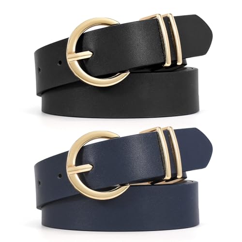 VONMELLI 2 Pack Women's Leather Belts for Jeans Dresses Fashion Gold Buckle Ladies Belt Black+Dark Blue,M