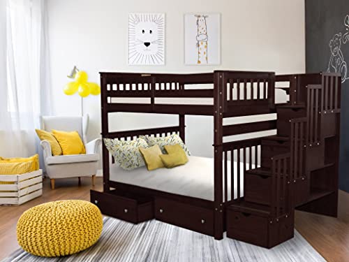 Bedz King Stairway Bunk Beds Full Over Full With 4 Drawers In The Steps And 2 Under Bed Drawers, Dark Cherry #TOP4