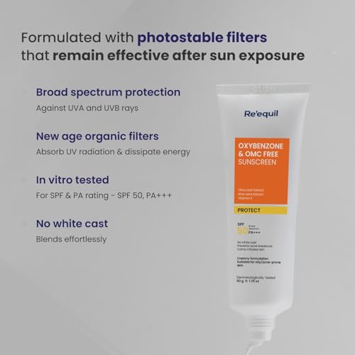 RE' EQUIL Oxybenzone and OMC Free Sunscreen For Oily, Sensitive & Acne Prone Skin | Prevents Acne Breakouts | No White Cast | SPF 50 PA+++ | 50g 5