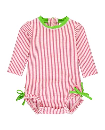 Image of RuffleButts Baby-Girls Seersucker Long Sleeve Rash Guard - One Piece Swimsuit UPF 50+ Toddler
