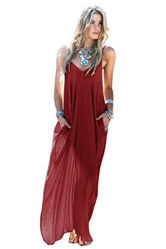 MIXMAX Women's Strappy Casual Loose Boho Chiffon Pocket Long Maxi Dress (XX-Large, Dark Red)