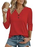 Cuptacc T Shirt für Damen Casual Tunika Boho Dreiviertelarm Bluse Sommer Leicht Henley Shirt Bluse Elegante Leuchtrot XL 46 48