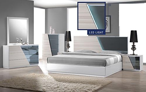 Modern Manchester 4 Piece Bedroom Set Eastern King Size Bed Mirror Dresser Nightstand Zebra White Headboard Has Light & Reflective Mirror Bedroom Furniture