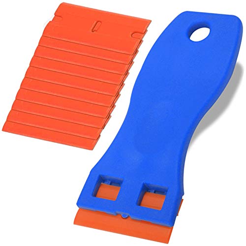 VONDERSO Plastic Razor Blades Scraper, 11 Pcs Scraper Set with 1 Scraper Tool and 10 Plastic Razor Blades for Removing Stickers, Labels, Glue, Tint from Window, Metal, cooktop and Glass
