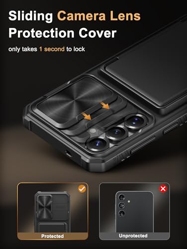 Image of Vihibii PC,Silicone For Samsung Galaxy S25 Plus Wallet Case With Card Holder(4 Cards)[RFID Blocking] & Slide Camera Cover & Raised Edges Protect Screen,Shockproof Rugged Case S25+ 6.7 inch 2025,Black