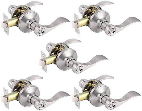 Gobrico 5 Pack Wave Style Keyless Bed Bath Door Locks Levers Satin Nickel Finish Left/Right Handed Interior Door Handles Locksets