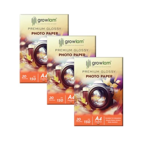 Image of Growlam Premium Glossy Photo Paper 150 GSM A4 Size, 20 Sheets (Pack of 3) | Inkjet Compatible, Perfect Image Rendering, Vivid & Sharp Colour Outputs