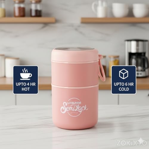 Image of 780ml Stainless Steel Lunch Box with Spoon, Handle, Leak Proof Small Container for Snack, Diet & Prep Food, Stackable Stainless Steel 2 Tier Men's Lunchbox for Work (Pink)