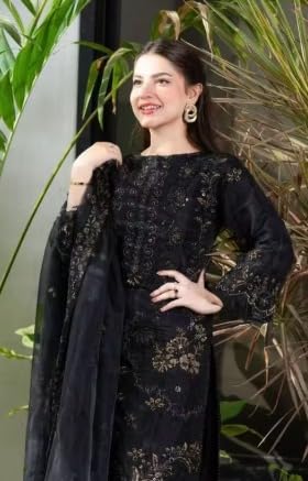 Image of Women's Black Embroidered Kurta Pant Dupatta Set | Ethnic Suit Set for Women | Straight Kurta Set | Festive Traditional Pakistani Style Dress for Women