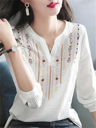 Women Blouses Casual Embroidery V-Neck Long Sleeve Vintage Loose Blusas Top2