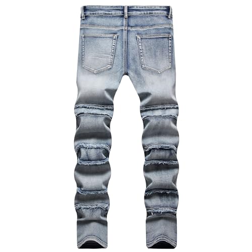 Men's Slim Fit Stretch Destroyed Jeans Fashionable Skinny Ripped Trousers Distressed Raw Hem Patch Denim Pants2