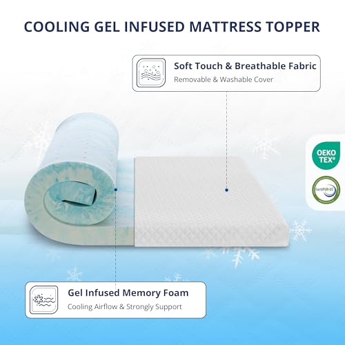 Image of 4 Inch Gel Memory Foam Mattress Topper Queen Size, Cooling Bed Topper for Pressure Relief with Removable Breathable Soft Cover, CertiPUR-US Certified