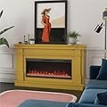 Novogratz Waverly 64 Inch Electric Fireplace with Mantel, Replaceable Fireplace Insert Heater, Remote Control, Timer, Color Changing Crystal Ember Flames, for Living Room or Bedroom, Mustard Yellow