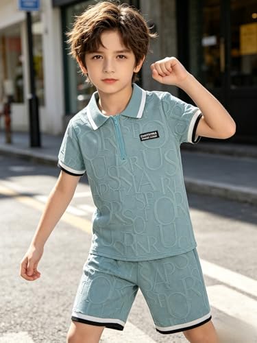 Image of Yoxindax Boys Clothes 2-Piece Casual Street Style Turn-Down Collar Half Zip Kids 4-12 Years Teen Boys Summer Outfits
