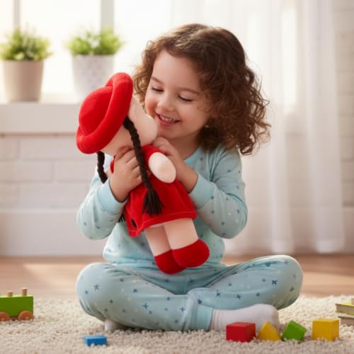 Image of ALVERO Cute Plush Doll for Girls, Soft & Cuddly Doll with Braided Hair, Hat & Heart-Detail Dress, Pretend Play Toy, Storytelling Companion & Birthday, Valentine & Return Gift (Red)