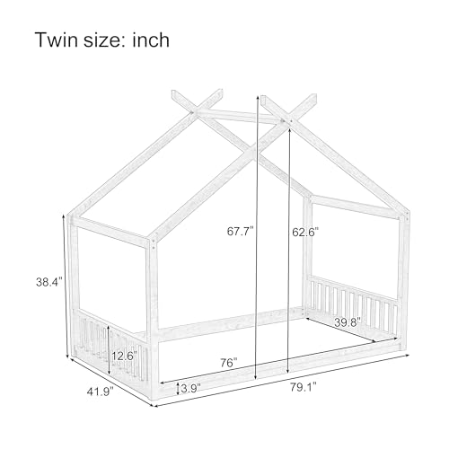 Montessori Twin Size Floor Bed with Fence, White