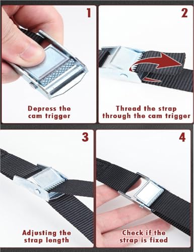 Image of 3 Meter Adjustable Tie Down Straps 1Inch Wide Webbing Straps with Cam Lock Buckle Heavy Duty Tensioning Belts Lashing Straps for Securing Cargo, Kayak, Surfboard, Luggage, Car Roof, Transport (4)