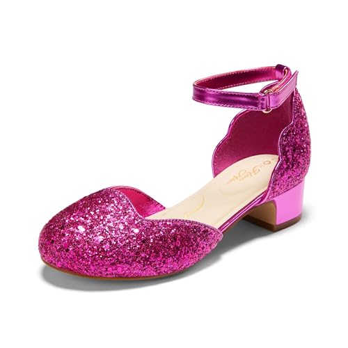 PATPAT Girls Mary Jane Shoes Size 4 Bid Kid Hot Pink Glitter Shoes Princess Low Heels School/Party/Prom/Concert/Birthday/Christmas/Wedding Footwear Dress Up Heels for Girls