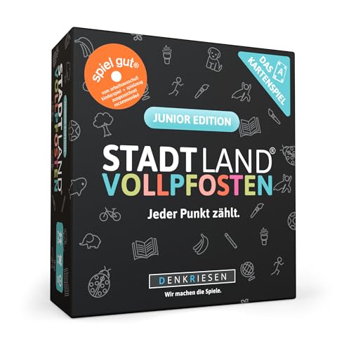 DENKRIESEN Stadt Land VOLLPFOSTEN - Junior Edition Kartenspiel | ab 8 Jahren für 3-6 Spieler | 200 Kindgerechte Kategorien | Gesellschaftsspiel für Kinder | Kinderspiel & Lernspiel | Familienspiel