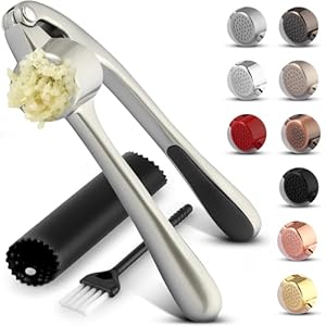 Zulay Küche Knoblauchpresse Mit Weichem, Leicht zu Drückendem Griff - Enthält Silikon-Knoblauchschäler & Reinigungsbürste - 3-Teiliges Knoblauch-Zerkleinerungswer... - Garlic Press - (Silber)