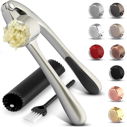 Zulay Kitchen Knoblauchpresse Edelstahl mit Silikon-Knoblauchschäler und Reinigungsbürste Knoblauchpresse mit Komfortabler Griff Ingwerpresse Haushaltshelfer Knoblauch presse Garlic Crusher Silber