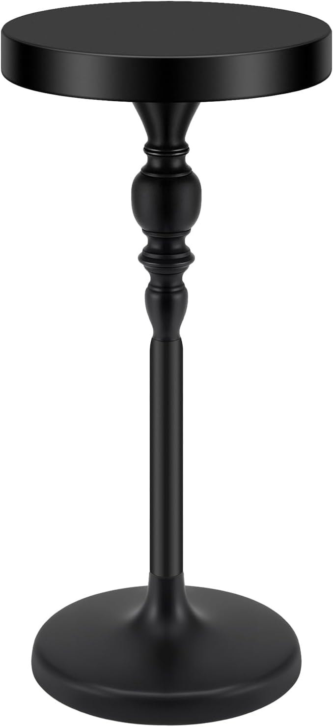 Black Metal Martini Table 9.5 x 9.5 x 20.5 Inches Round Drink Tables Decorative Pedestal Side Desk for Small Spaces Cocktail Drink Holder Stand Small End Shelf for Living Room Bedroom