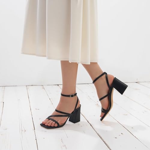 Image of Modatope Women's Heeled Sandals Square Toe Chunky Strappy Heels Prom Shoes | Stable Chunky Heel, Adjustable Ankle Strap, All-Day Comfort Sole, Unique Style For Parties, Proms, Weddings & All Occasions