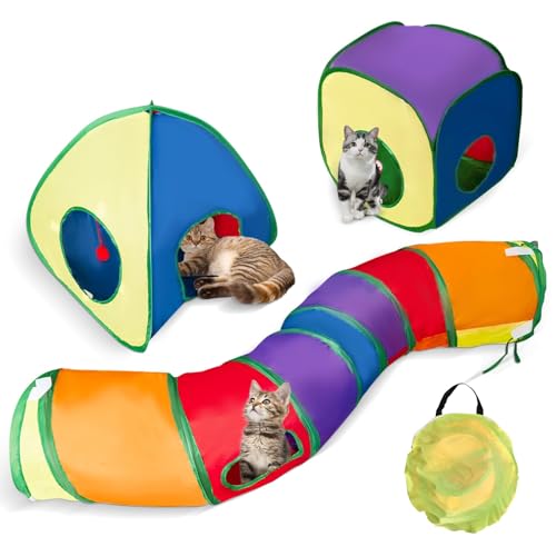 Juguete de túnel para gatos arcoíris 3 en 1, tienda de campaña plegable para gatos, juguete interactivo para laberinto, regalo para mascotas, gatito, cachorro, conejo, cobaya, fácil de plegar y