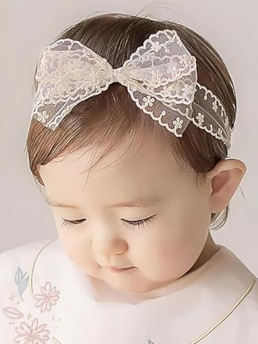 ICKEYOU Baby Girls Bow Lace Headband Cute Soft Hairband White Butterfly Knot Headbands for Newborn Infants Toddlers Kids Christening Baptism Birthday...
