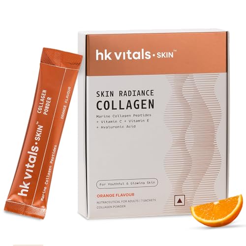 Image of hk vitals Skin Radiance Marine Collagen Supplement, Orange, 7 Sachets (8g Each) | Travel Pack | Vitamin C, E, Sodium Hyaluronate for Healthy Skin, Hair & Nails