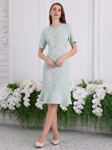 Women's Tweed Dress Short Sleeve 2025 Elegant Wedding Cocktail Bodycon Midi Fishtail Dresses3