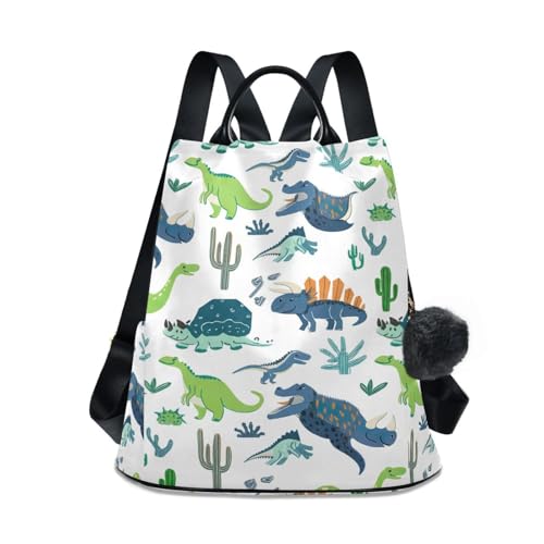 Mochila blanca para mujer de viaje antirrobo con dinosaurios y bolsillo trasero