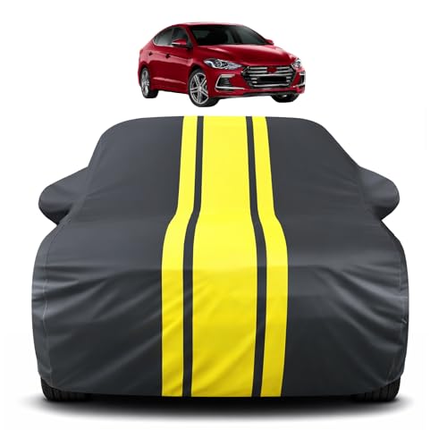Image of Auto Hub Car Cover Compatible with Hyundai Elantra (Model : 2019-Till Date) with Mirror Pocket, Soft Cotton Lining, Elantra Car Cover Waterproof - Yellow-Black
