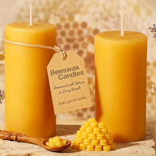 Beeswax Pillar Candles Set of 2, 70 Hours Long Burning, 100% Natural Beeswax Candles for Emergency...
