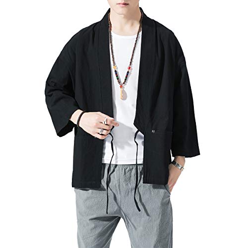 Image of PRIJOUHE Men's Kimono Jackets Cardigan Lightweight Casual Cotton Blends Linen Seven Sleeves Open Front Coat Outwear