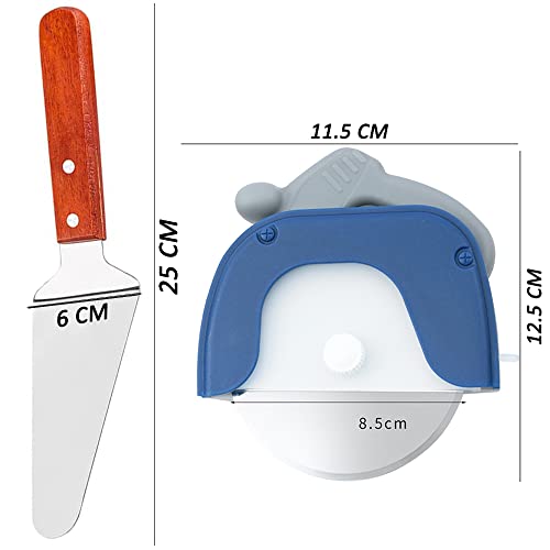 Image of P-Plus International Pizza Cutter and Serving Turner - Pizza Serving Turner - Pizza Cutter Tool - Pizza Spatula - Pizza Cutter Wheel (Set of 2, Pizza Cutter - Blue)
