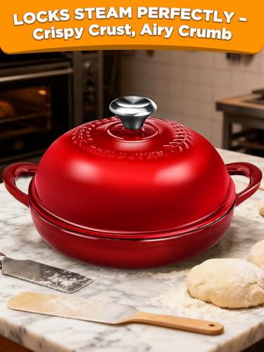 Image of Dutch Oven Bread Baking Pot with Lid 6QT Enameled Cast Iron Oven, Gradient Red Design & Complete Sourdough Kit (Banneton Basket, Dough Tools, Silicone Sling) for Artisan Bread Making