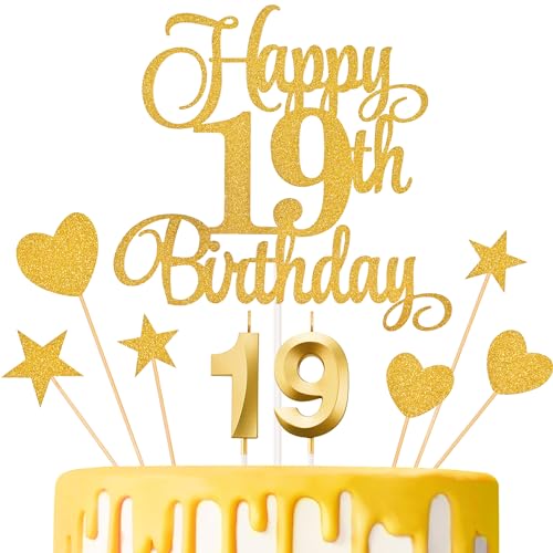Lecferrarc 19th Birthday Cake Decorations, 19th Birthday Candles Cake Numeral Candles and Glitter Happy 19th Birthday Cake Toppers Set for Birthday Party Supplies (Gold)